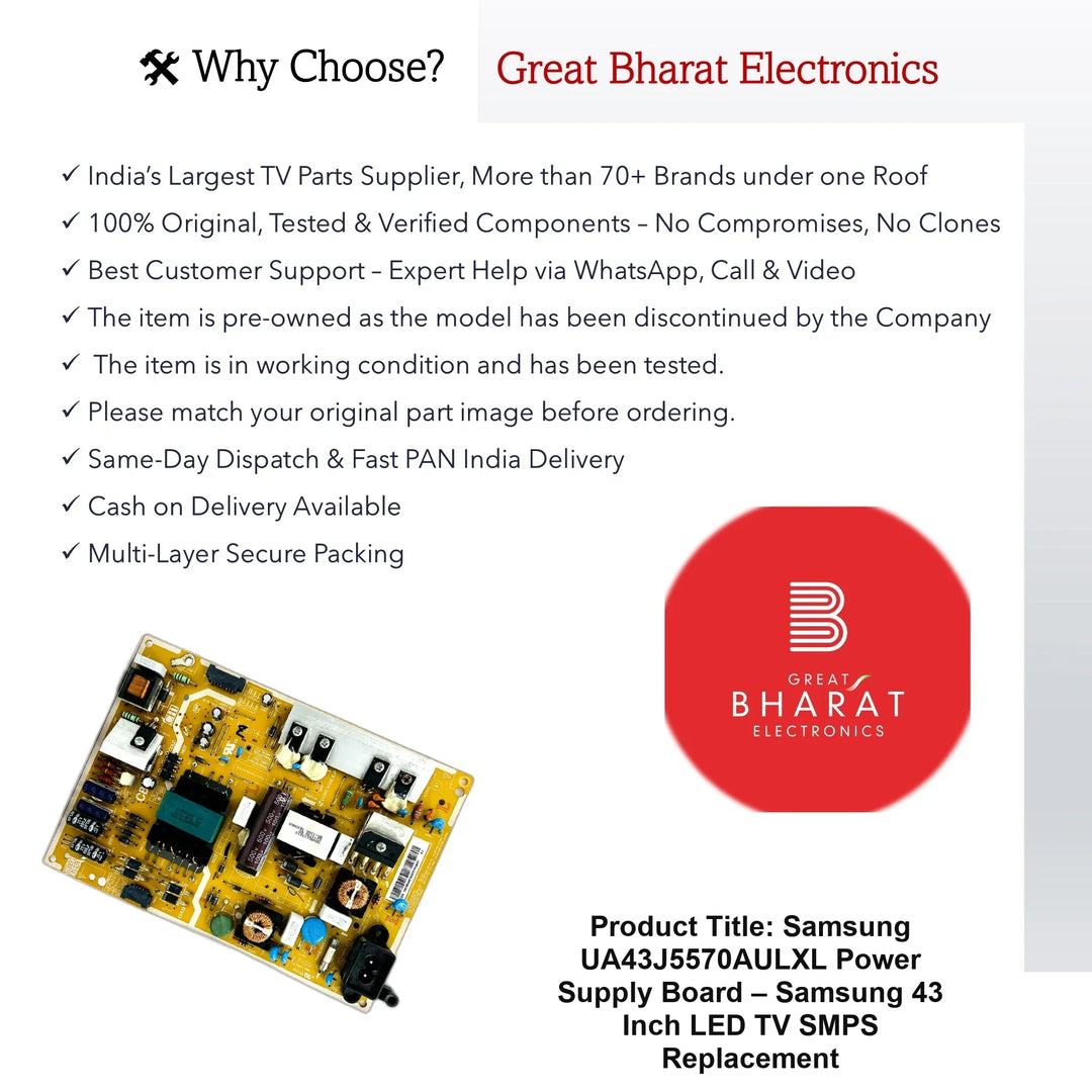 Samsung UA43J5570AULXL Power Supply Board – Samsung 43 Inch LED TV SMPS Replacement - Great Bharat Electronics