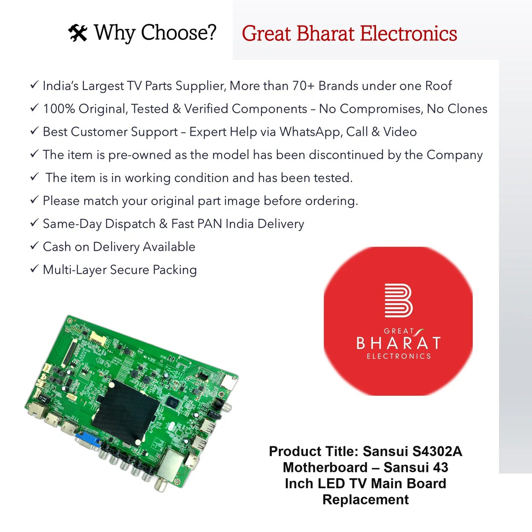 Sansui S4302A Motherboard – Sansui 43 Inch LED TV Main Board Replacement - Great Bharat Electronics