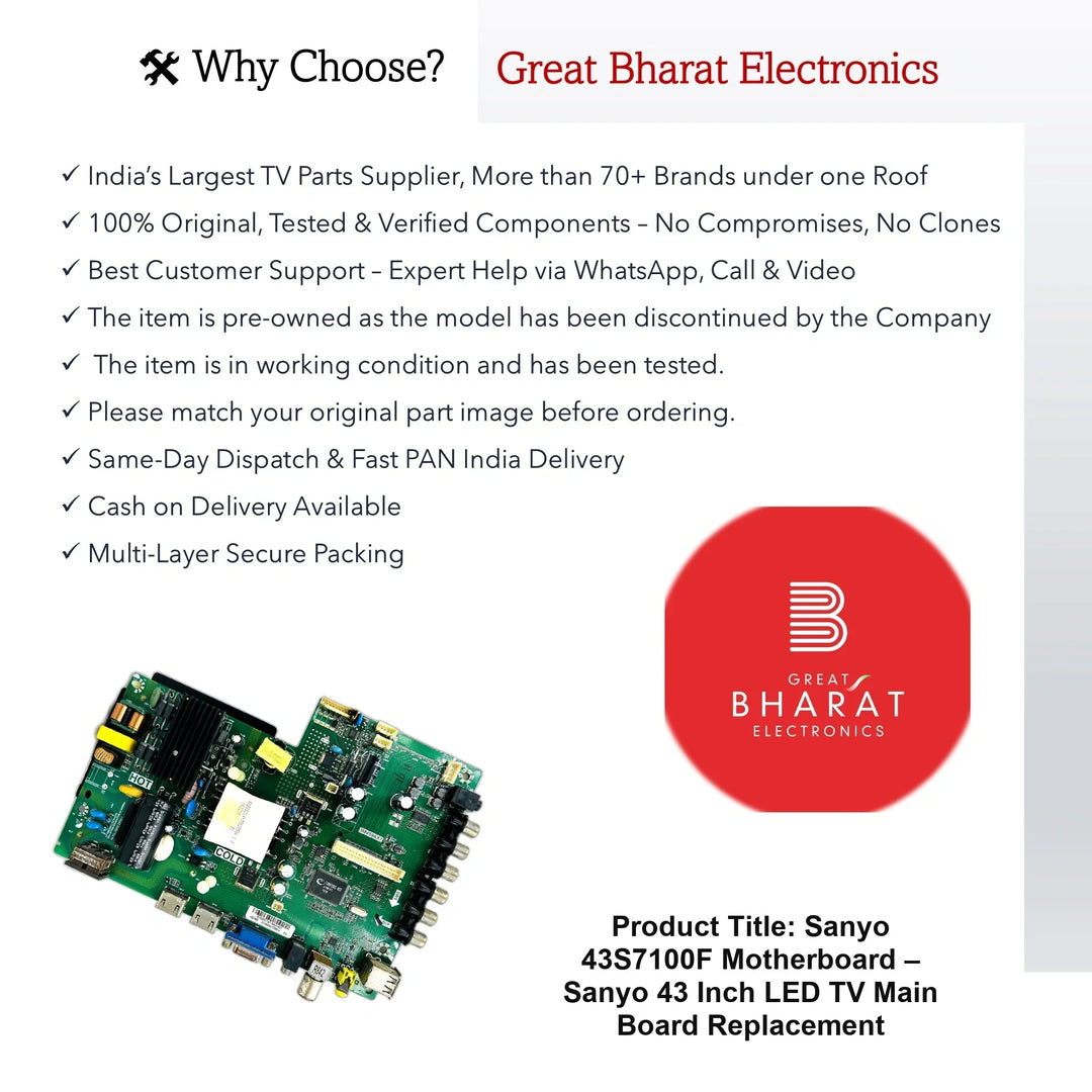 Sanyo 43S7100F Motherboard – Sanyo 43 Inch LED TV Main Board Replacement - Great Bharat Electronics