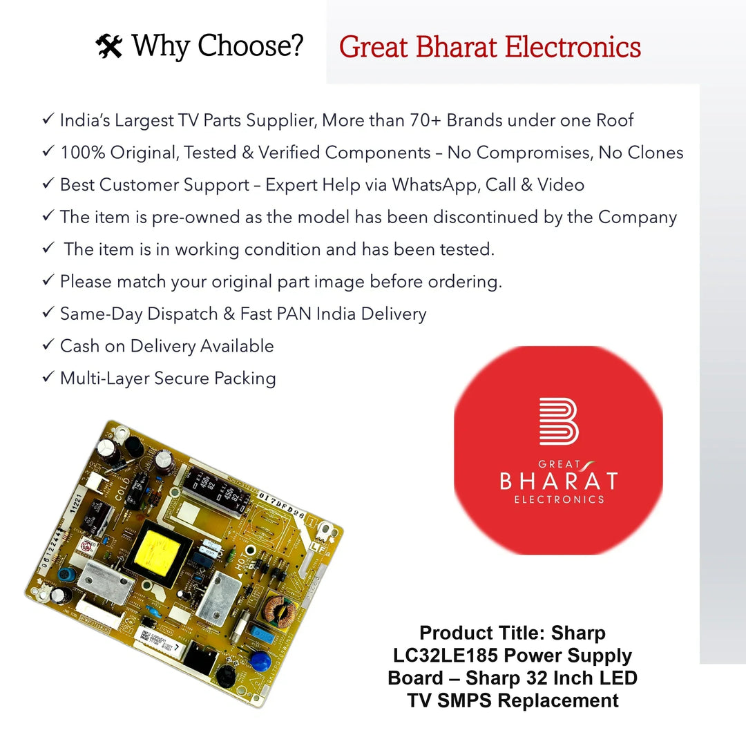 Sharp LC32LE185 Power Supply Board – Sharp 32 Inch LED TV SMPS Replacement - Great Bharat Electronics