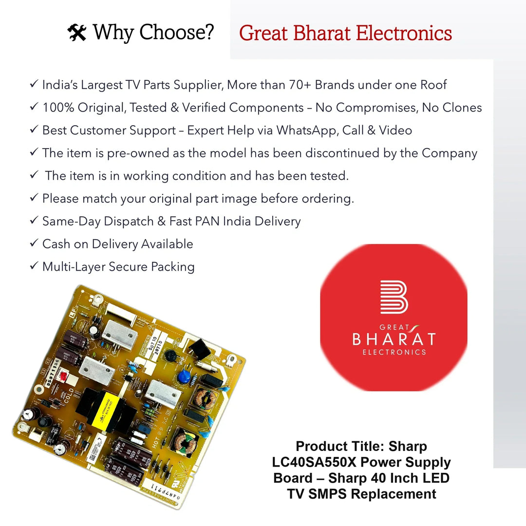 Sharp LC40SA550X Power Supply Board – Sharp 40 Inch LED TV SMPS Replacement - Great Bharat Electronics