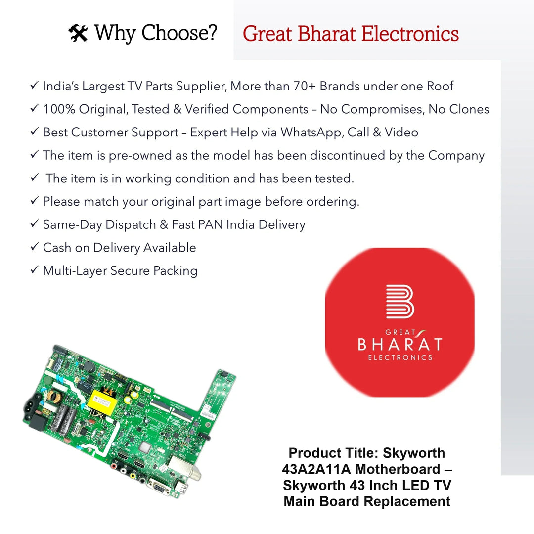 Skyworth 43A2A11A Motherboard – Skyworth 43 Inch LED TV Main Board Replacement - Great Bharat Electronics