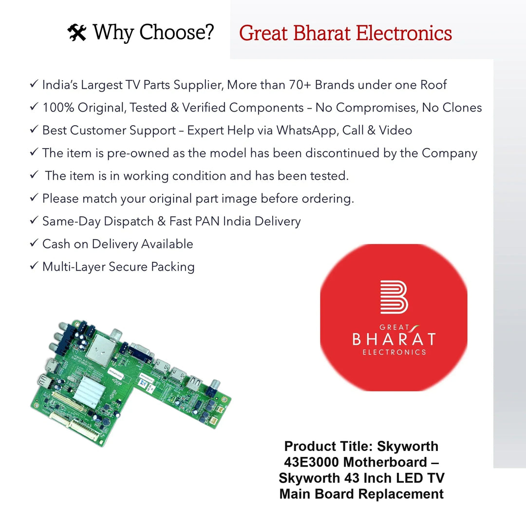 Skyworth 43E3000 Motherboard – Skyworth 43 Inch LED TV Main Board Replacement - Great Bharat Electronics
