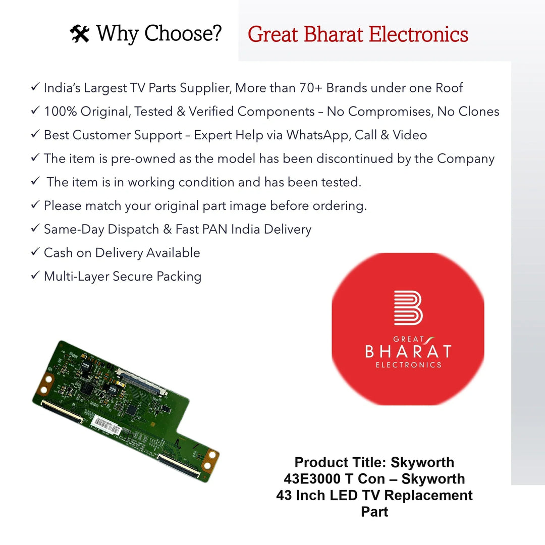 Skyworth 43E3000 T-Con Board – Skyworth 43 Inch LED TV Replacement Part - Great Bharat Electronics
