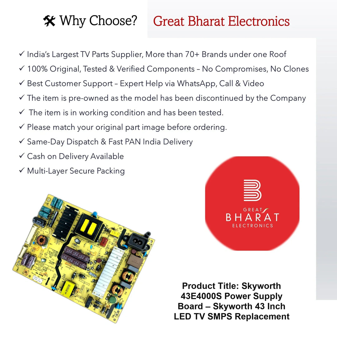 Skyworth 43E4000S Power Supply Board – Skyworth 43 Inch LED TV SMPS Replacement - Great Bharat Electronics