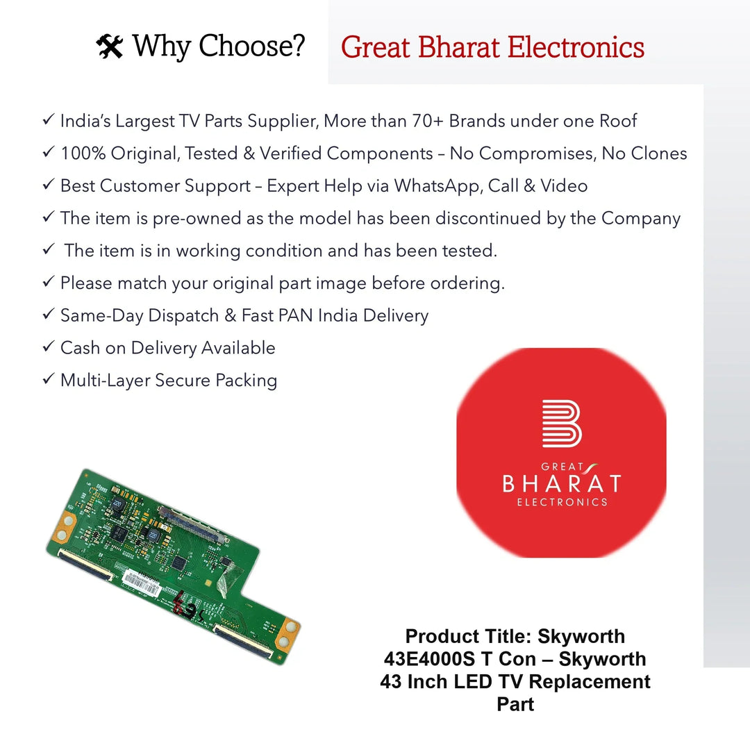 Skyworth 43E4000S T-Con Board β Skyworth 43 Inch LED TV Replacement Part - Great Bharat Electronics