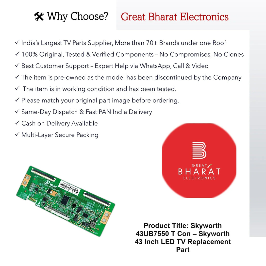Skyworth 43UB7550 T-Con Board β Skyworth 43 Inch LED TV Replacement Part - Great Bharat Electronics