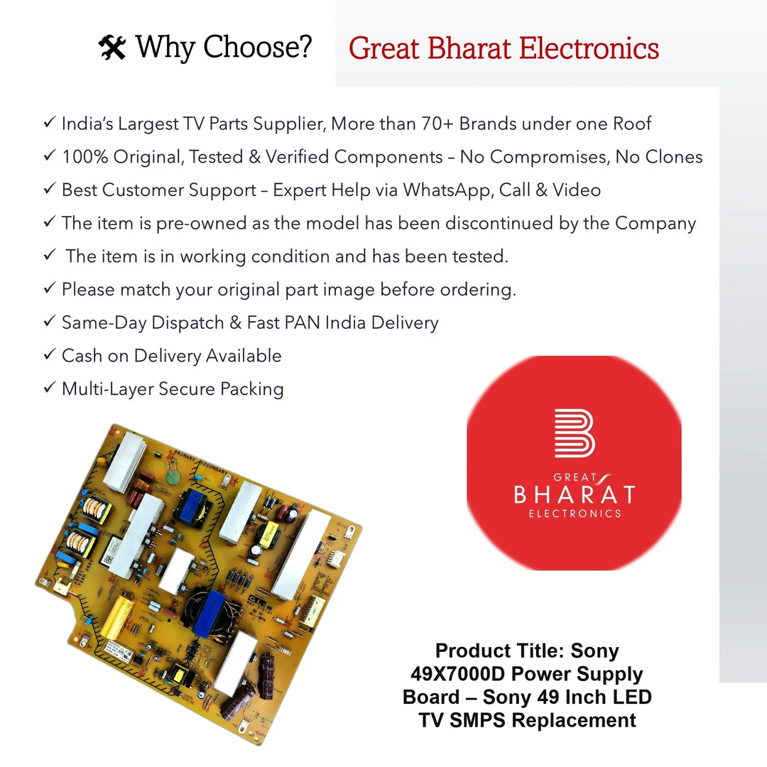Sony 49X7000D Power Supply Board – Sony 49 Inch LED TV SMPS Replacement - Great Bharat Electronics
