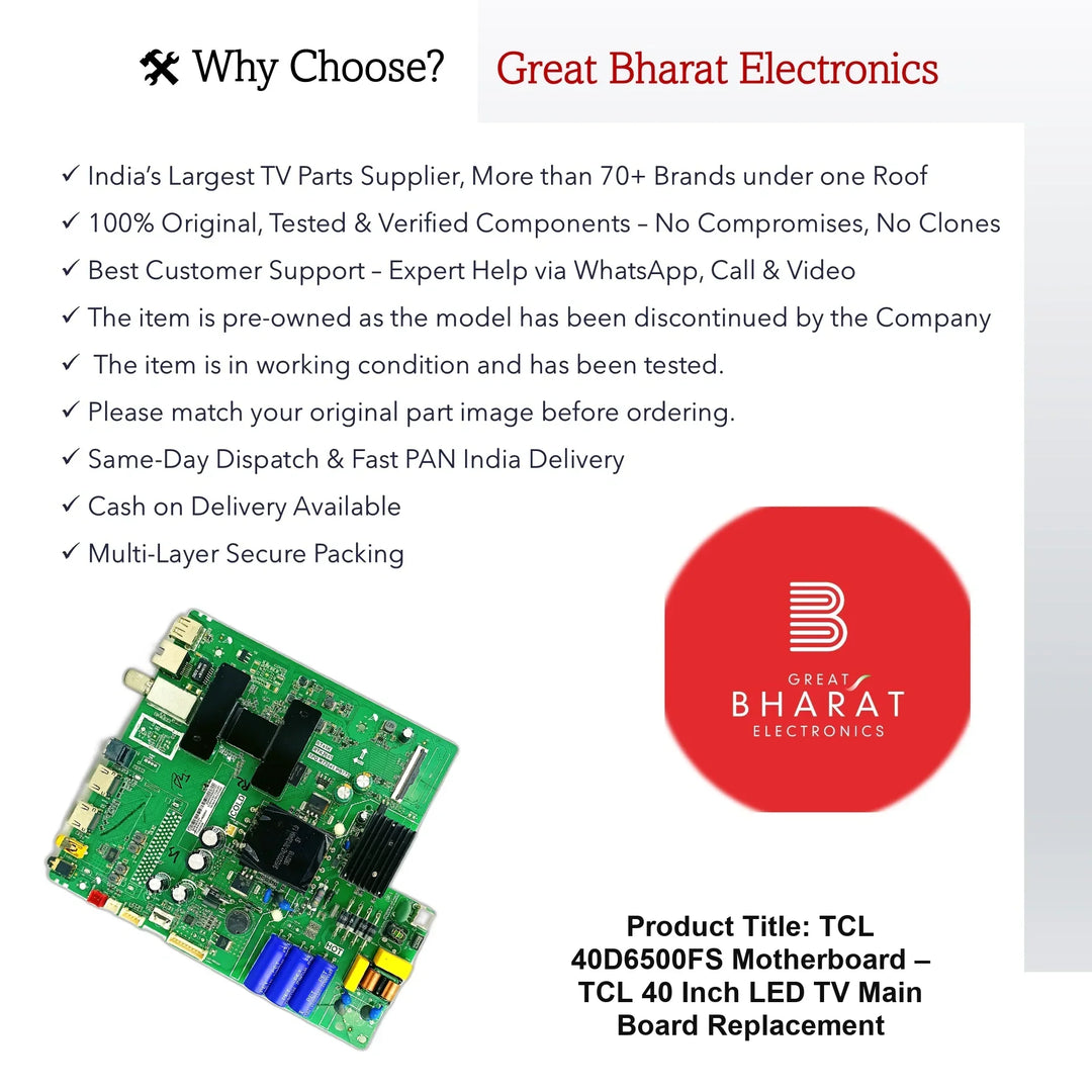 TCL 40D6500FS Motherboard – TCL 40 Inch LED TV Main Board Replacement - Great Bharat Electronics