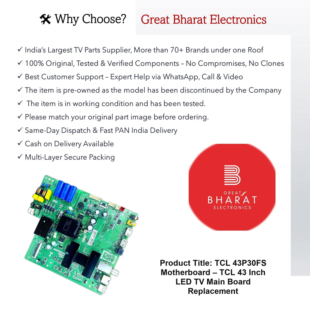 TCL 43P30FS Motherboard – TCL 43 Inch LED TV Main Board Replacement - Great Bharat Electronics