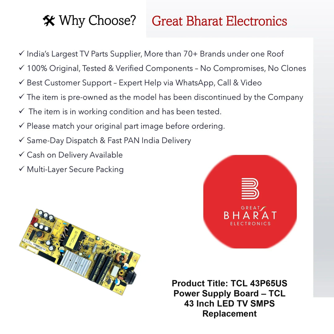 TCL 43P65US Power Supply Board – TCL 43 Inch LED TV SMPS Replacement - Great Bharat Electronics