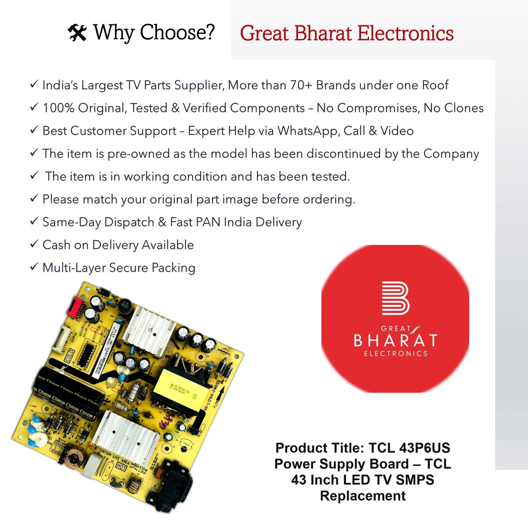 TCL 43P6US Power Supply Board – TCL 43 Inch LED TV SMPS Replacement - Great Bharat Electronics