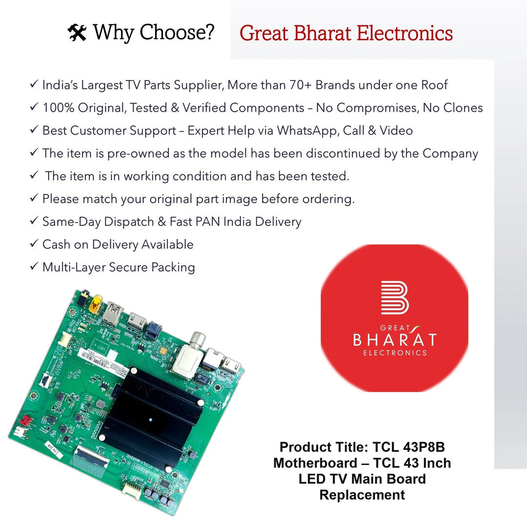 TCL 43P8B Motherboard – TCL 43 Inch LED TV Main Board Replacement - Great Bharat Electronics