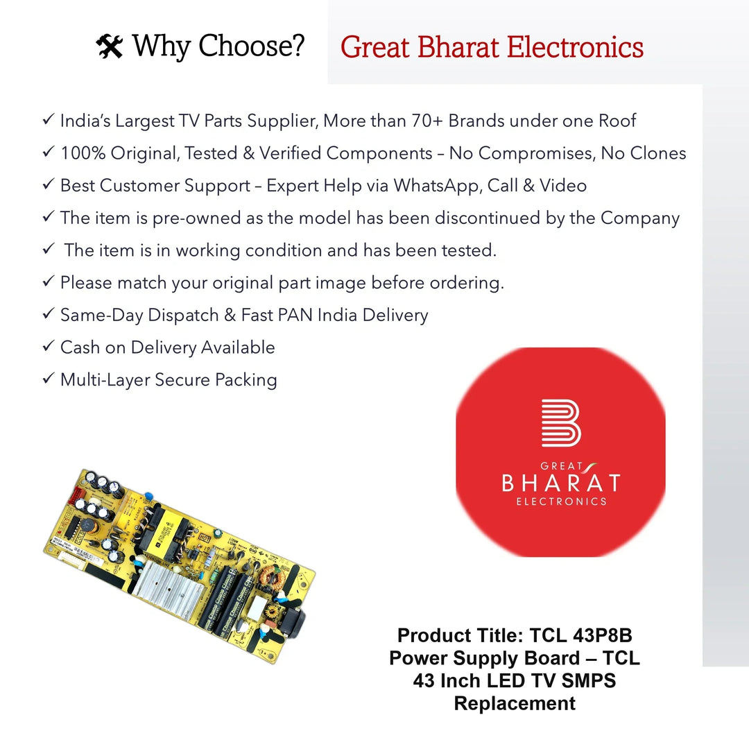 TCL 43P8B Power Supply Board – TCL 43 Inch LED TV SMPS Replacement - Great Bharat Electronics