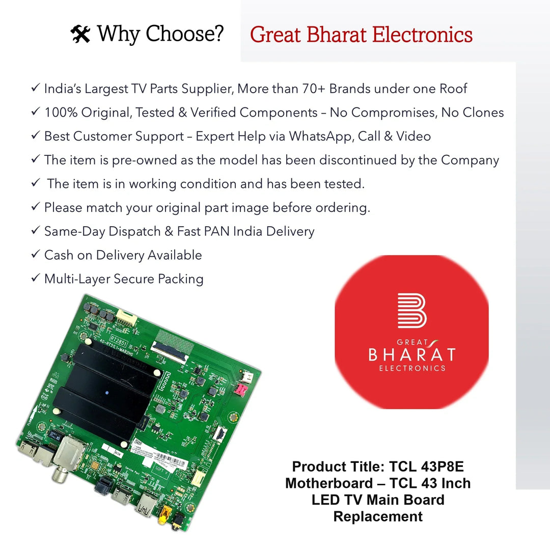 TCL 43P8E Motherboard – TCL 43 Inch LED TV Main Board Replacement - Great Bharat Electronics