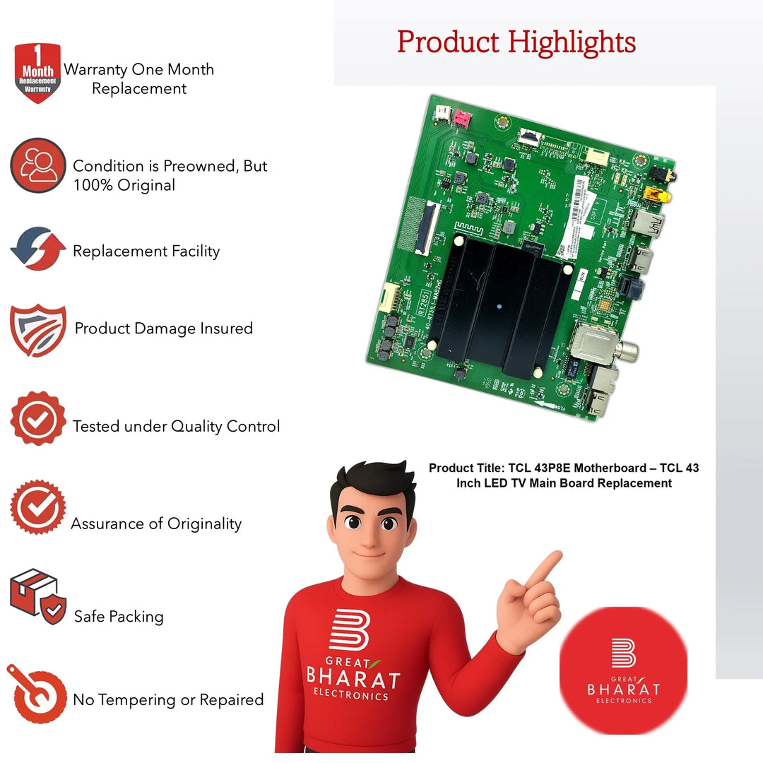 TCL 43P8E Motherboard – TCL 43 Inch LED TV Main Board Replacement - Great Bharat Electronics
