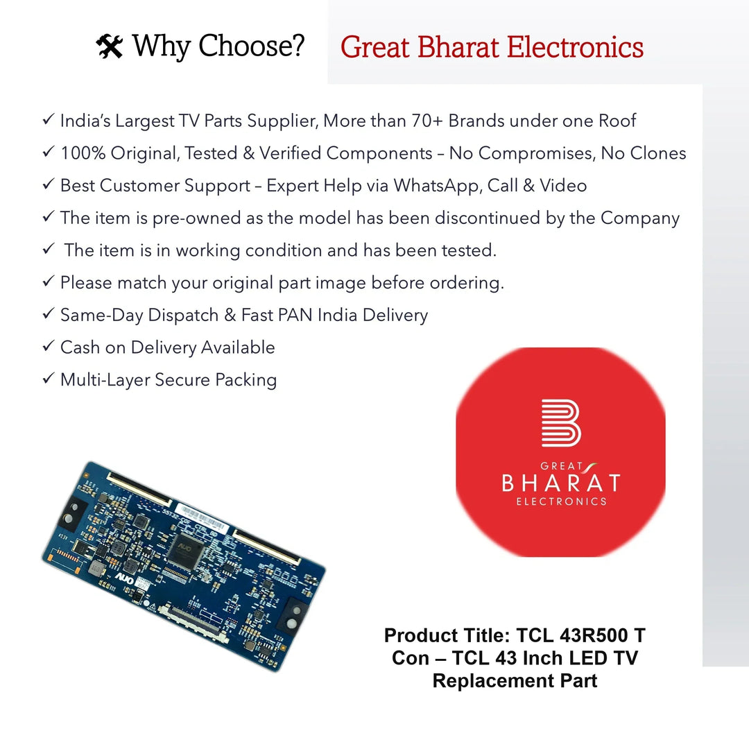 TCL 43R500 T-Con Board – TCL 43 Inch LED TV Replacement Part - Great Bharat Electronics
