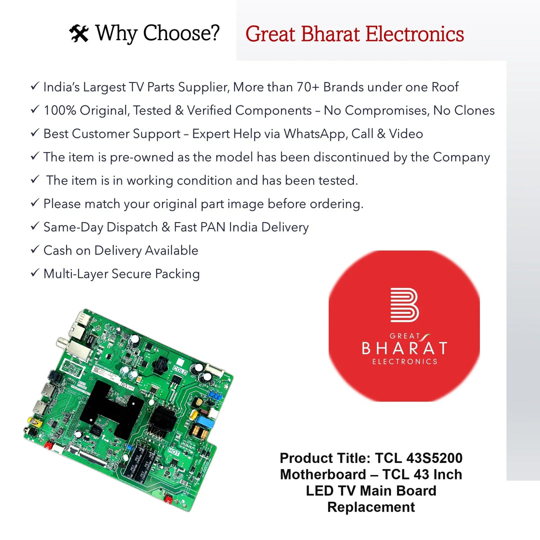TCL 43S5200 Motherboard – TCL 43 Inch LED TV Main Board Replacement - Great Bharat Electronics
