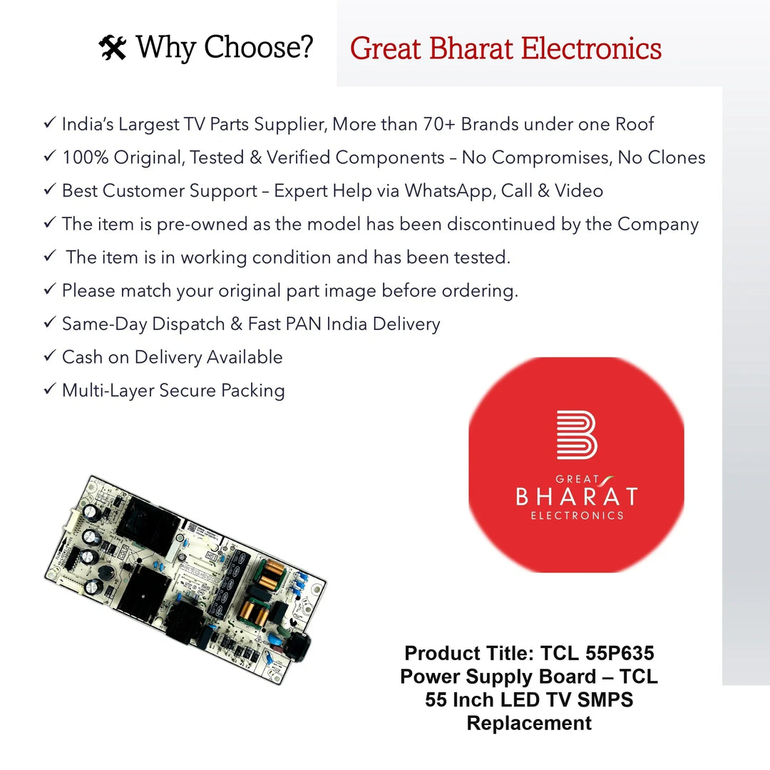 TCL 55P635 Power Supply Board – TCL 55 Inch LED TV SMPS Replacement - Great Bharat Electronics