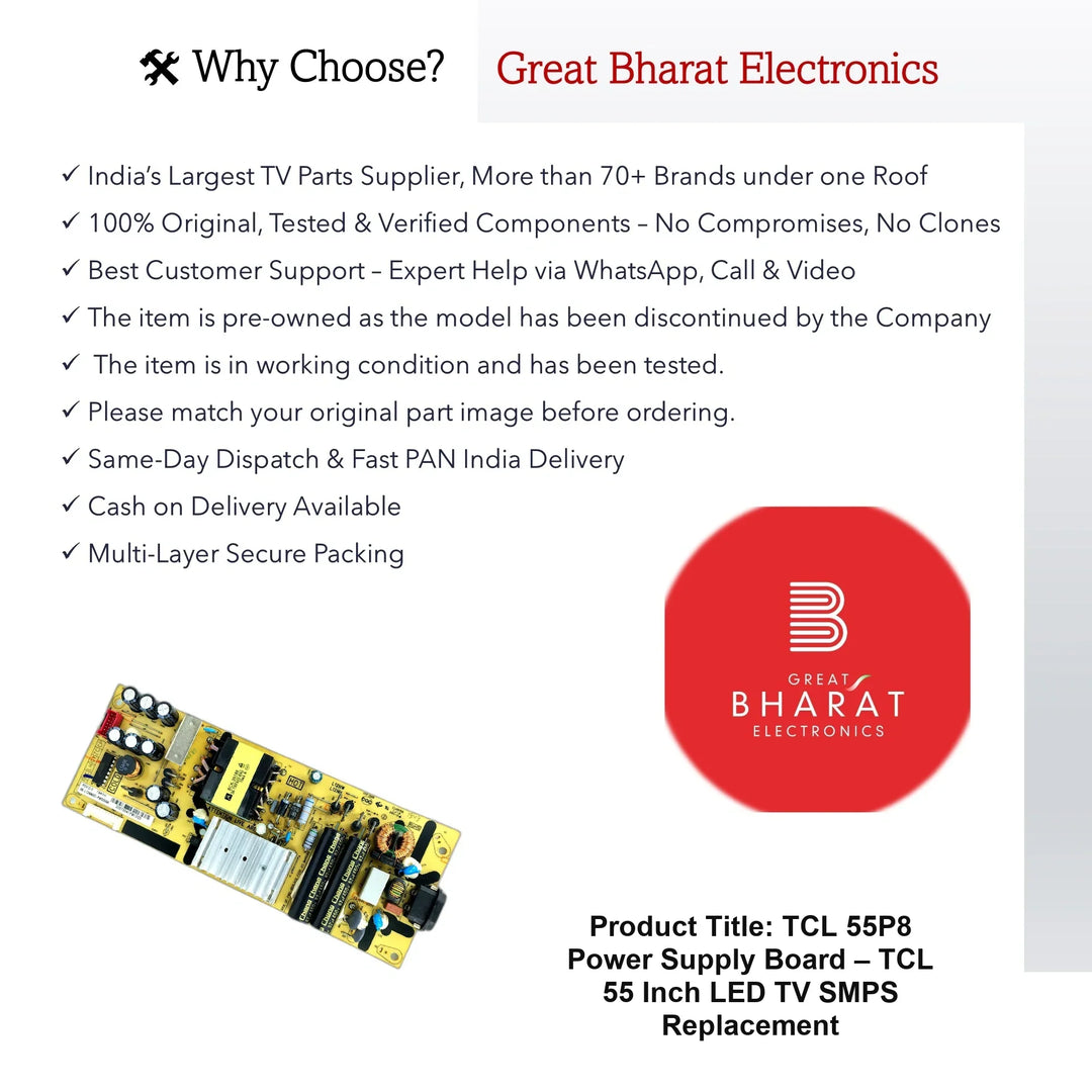 TCL 55P8 Power Supply Board – TCL 55 Inch LED TV SMPS Replacement - Great Bharat Electronics