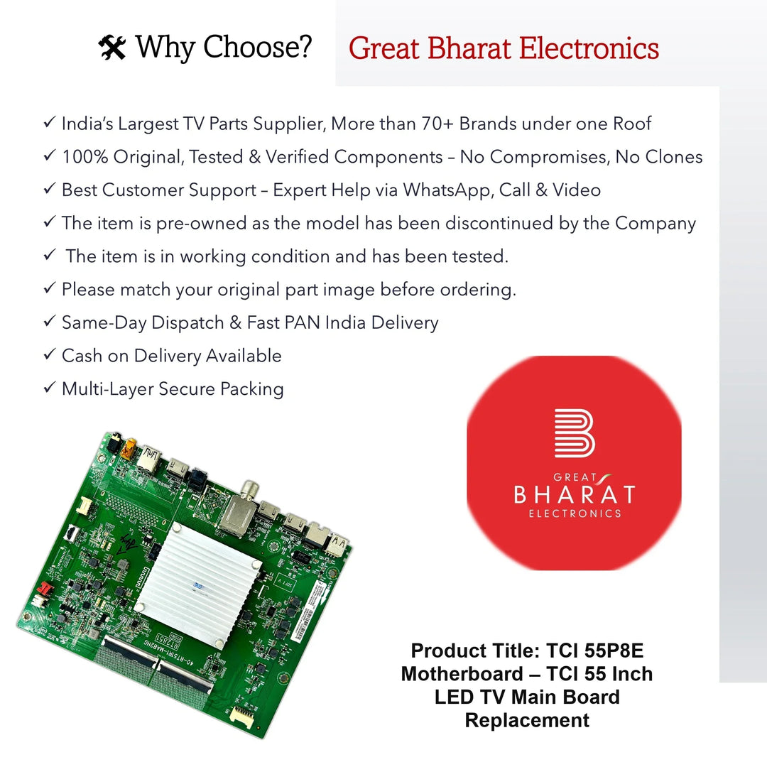 TCl 55P8E Motherboard – TCl 55 Inch LED TV Main Board Replacement - Great Bharat Electronics