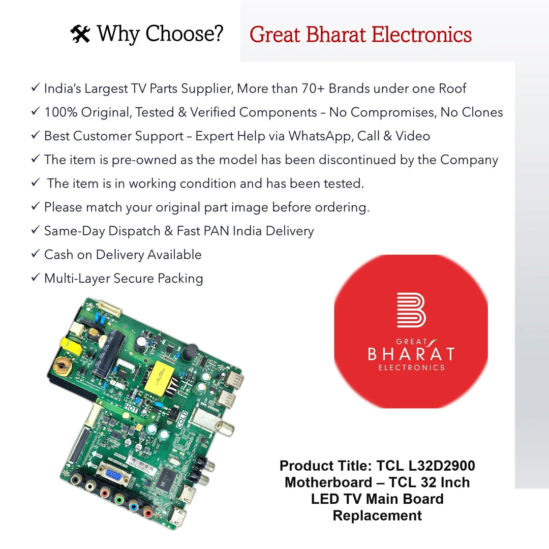 TCL L32D2900 Motherboard – TCL 32 Inch LED TV Main Board Replacement - Great Bharat Electronics