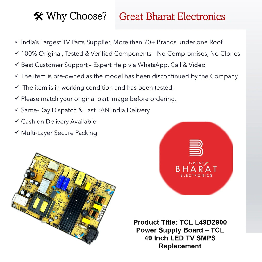 TCL L49D2900 Power Supply Board – TCL 49 Inch LED TV SMPS Replacement - Great Bharat Electronics