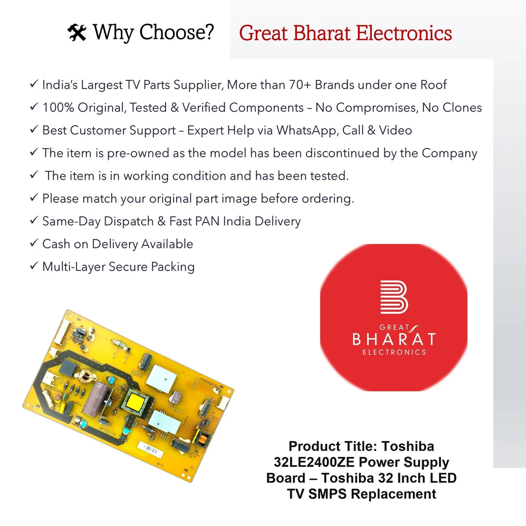 Toshiba 32LE2400ZE Power Supply Board – Toshiba 32 Inch LED TV SMPS Replacement - Great Bharat Electronics
