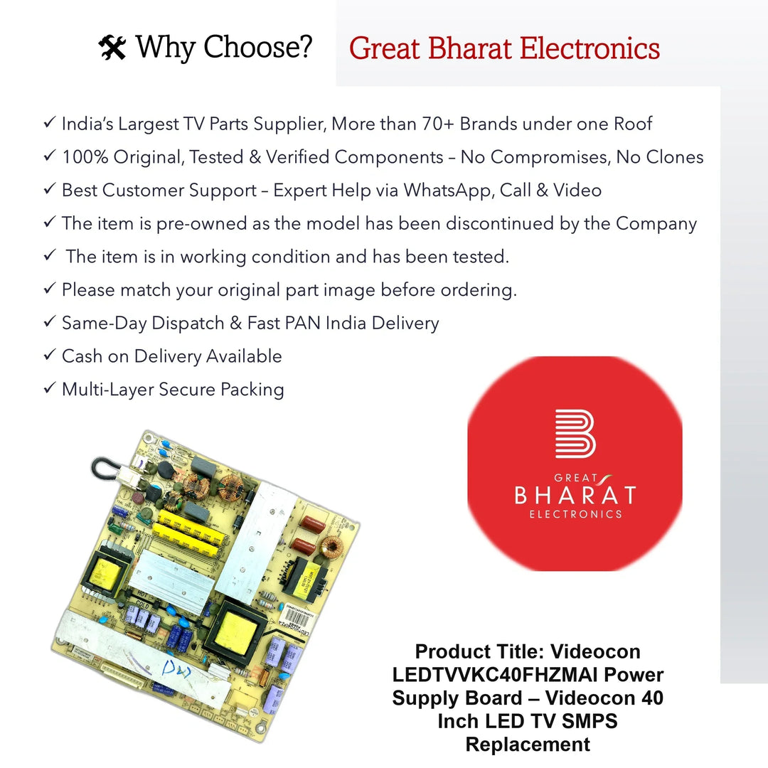 Videocon LEDTVVKC40FHZMAI Power Supply Board – Videocon 40 Inch LED TV SMPS Replacement - Great Bharat Electronics