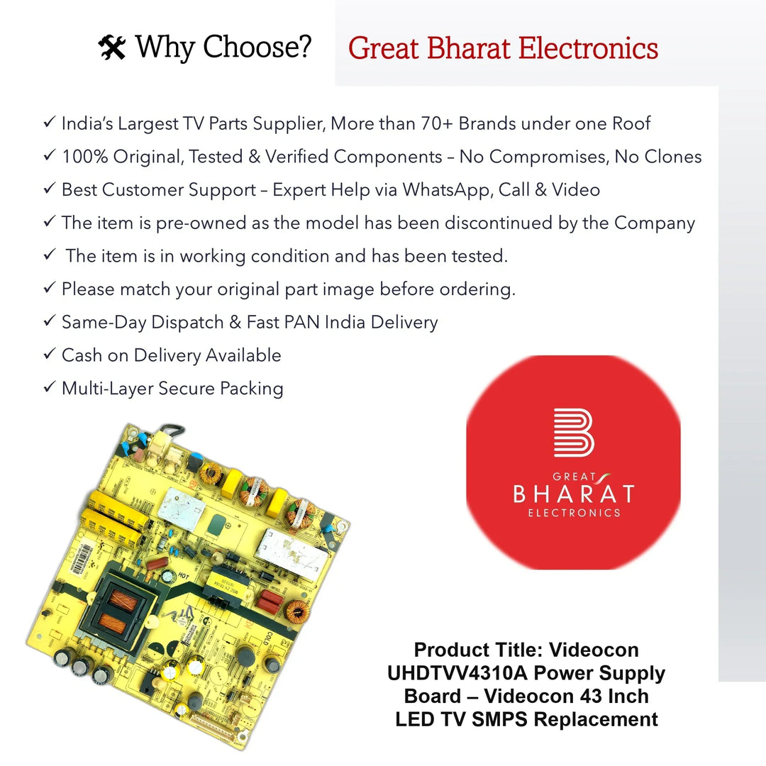 Videocon UHDTVV4310A Power Supply Board – Videocon 43 Inch LED TV SMPS Replacement - Great Bharat Electronics