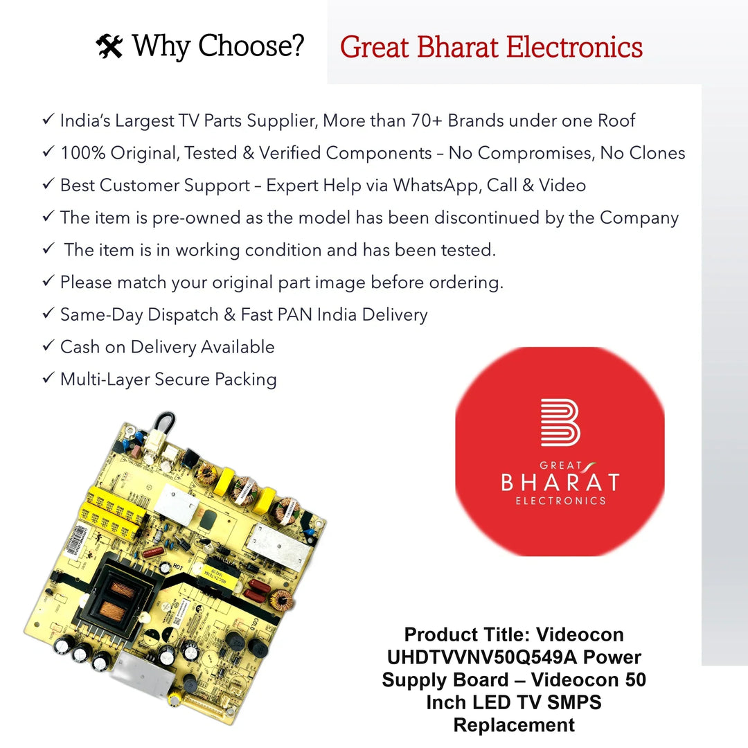 Videocon UHDTVVNV50Q549A Power Supply Board – Videocon 50 Inch LED TV SMPS Replacement - Great Bharat Electronics