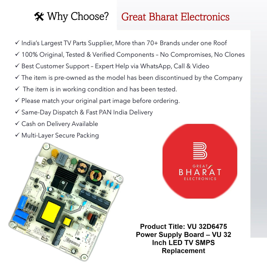 VU 32D6475 Power Supply Board – VU 32 Inch LED TV SMPS Replacement - Great Bharat Electronics