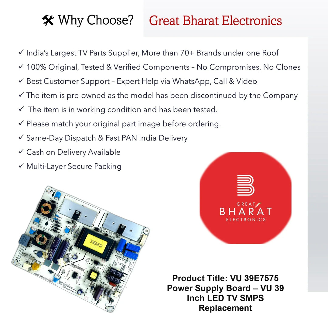 VU 39E7575 Power Supply Board – VU 39 Inch LED TV SMPS Replacement - Great Bharat Electronics