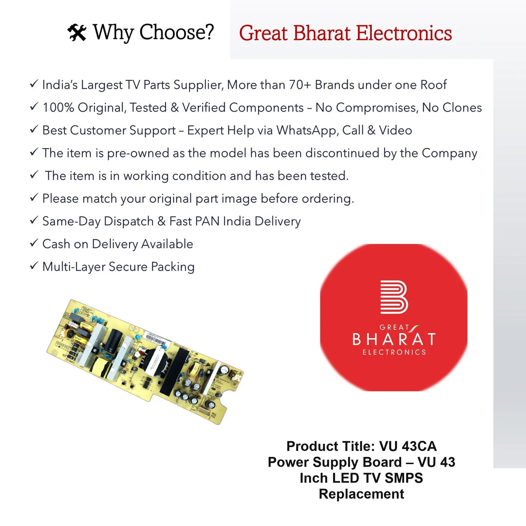 VU 43CA Power Supply Board – VU 43 Inch LED TV SMPS Replacement - Great Bharat Electronics
