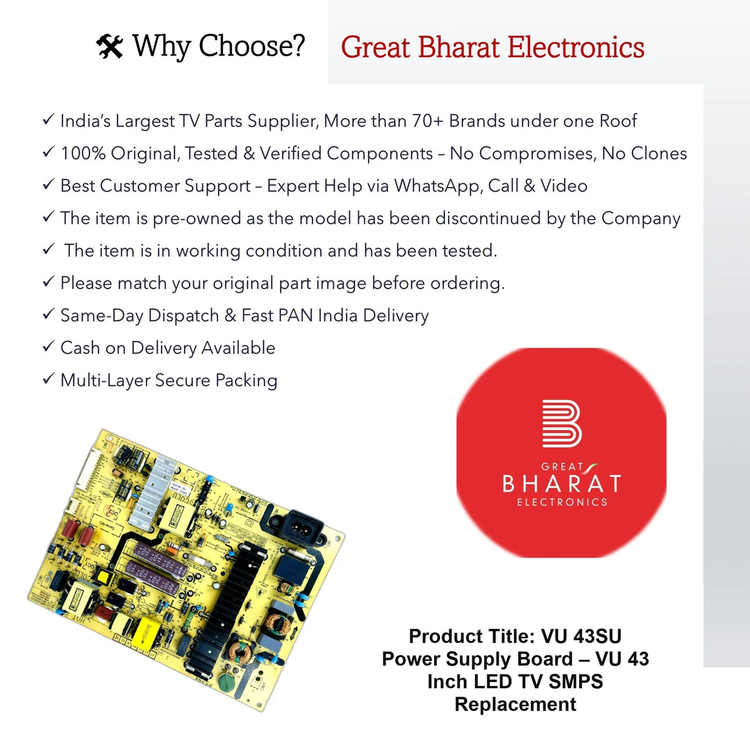 VU 43SU Power Supply Board – VU 43 Inch LED TV SMPS Replacement - Great Bharat Electronics