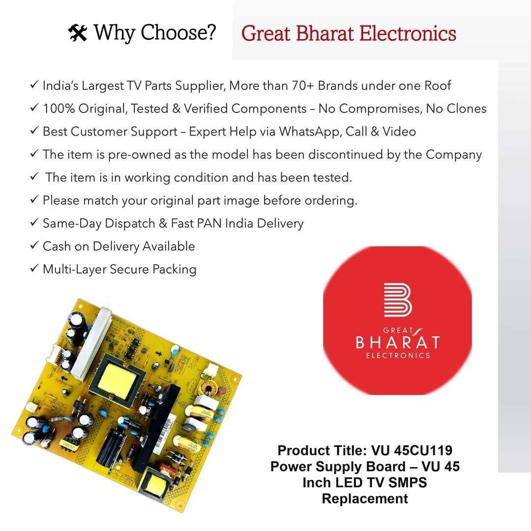 VU 45CU119 Power Supply Board – VU 45 Inch LED TV SMPS Replacement - Great Bharat Electronics