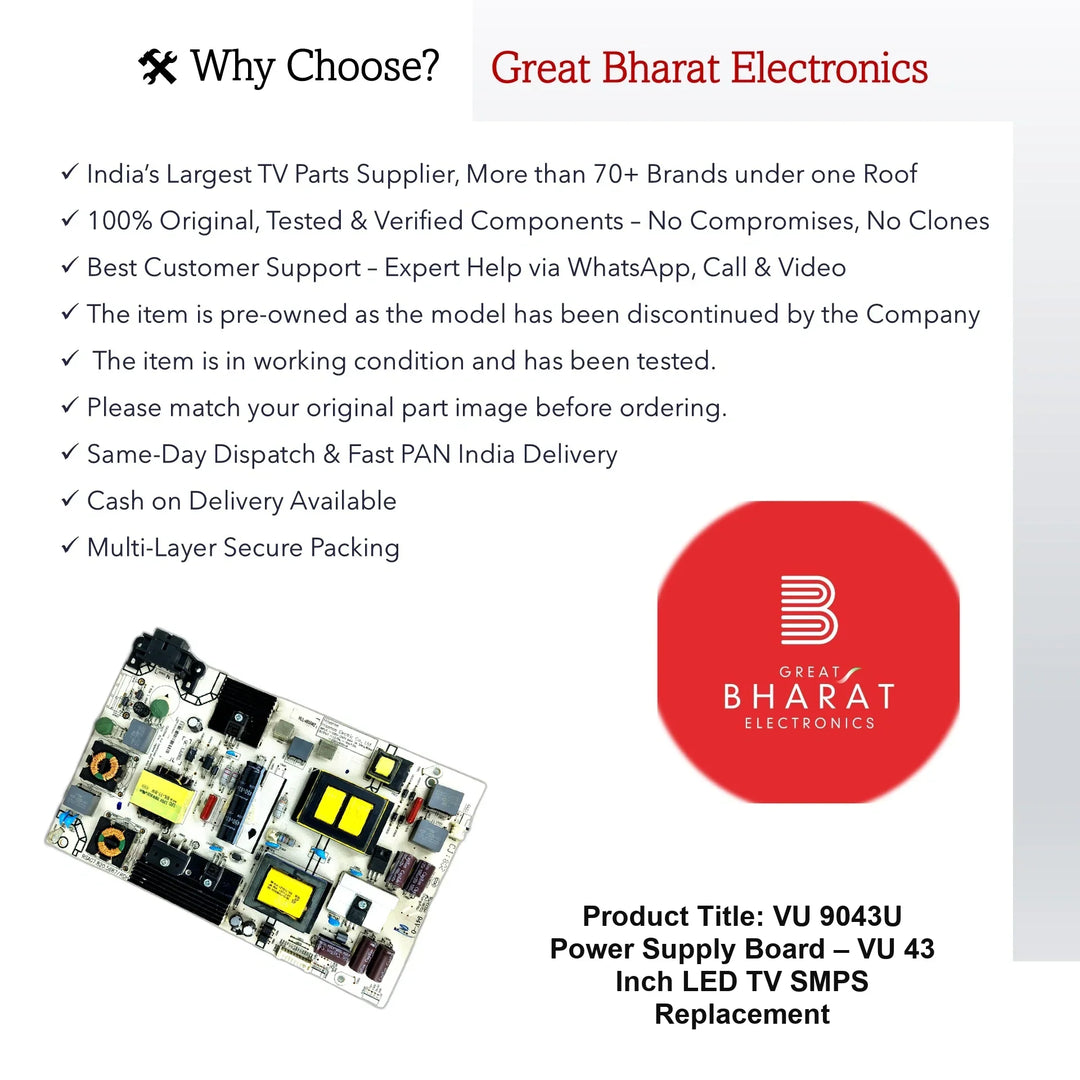 VU 9043U Power Supply Board – VU 43 Inch LED TV SMPS Replacement - Great Bharat Electronics