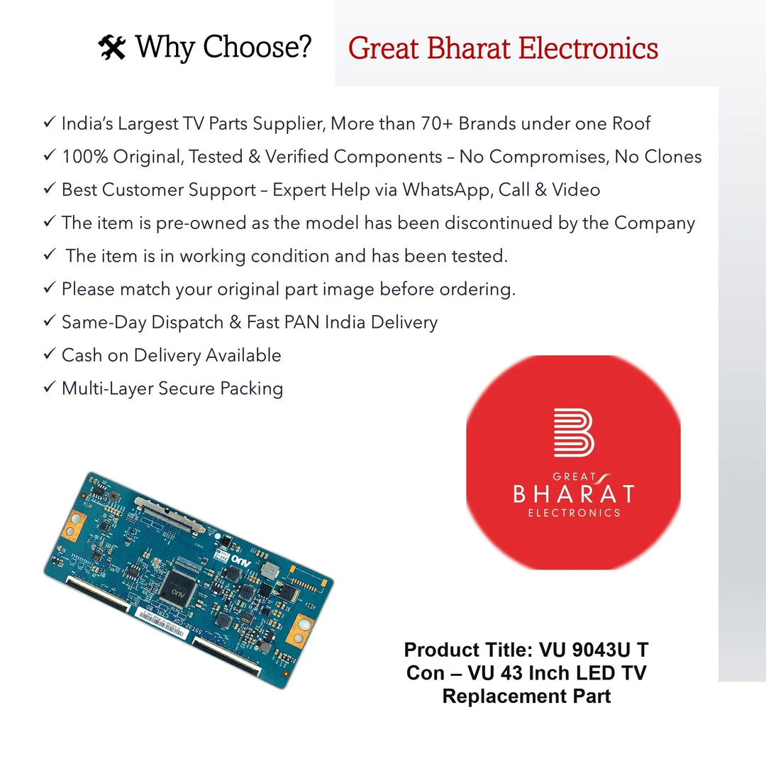 VU 9043U T-Con Board β VU 43 Inch LED TV Replacement Part - Great Bharat Electronics