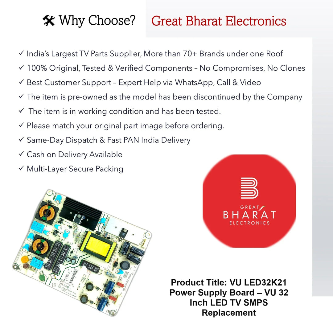 VU LED32K21 Power Supply Board – VU 32 Inch LED TV SMPS Replacement - Great Bharat Electronics