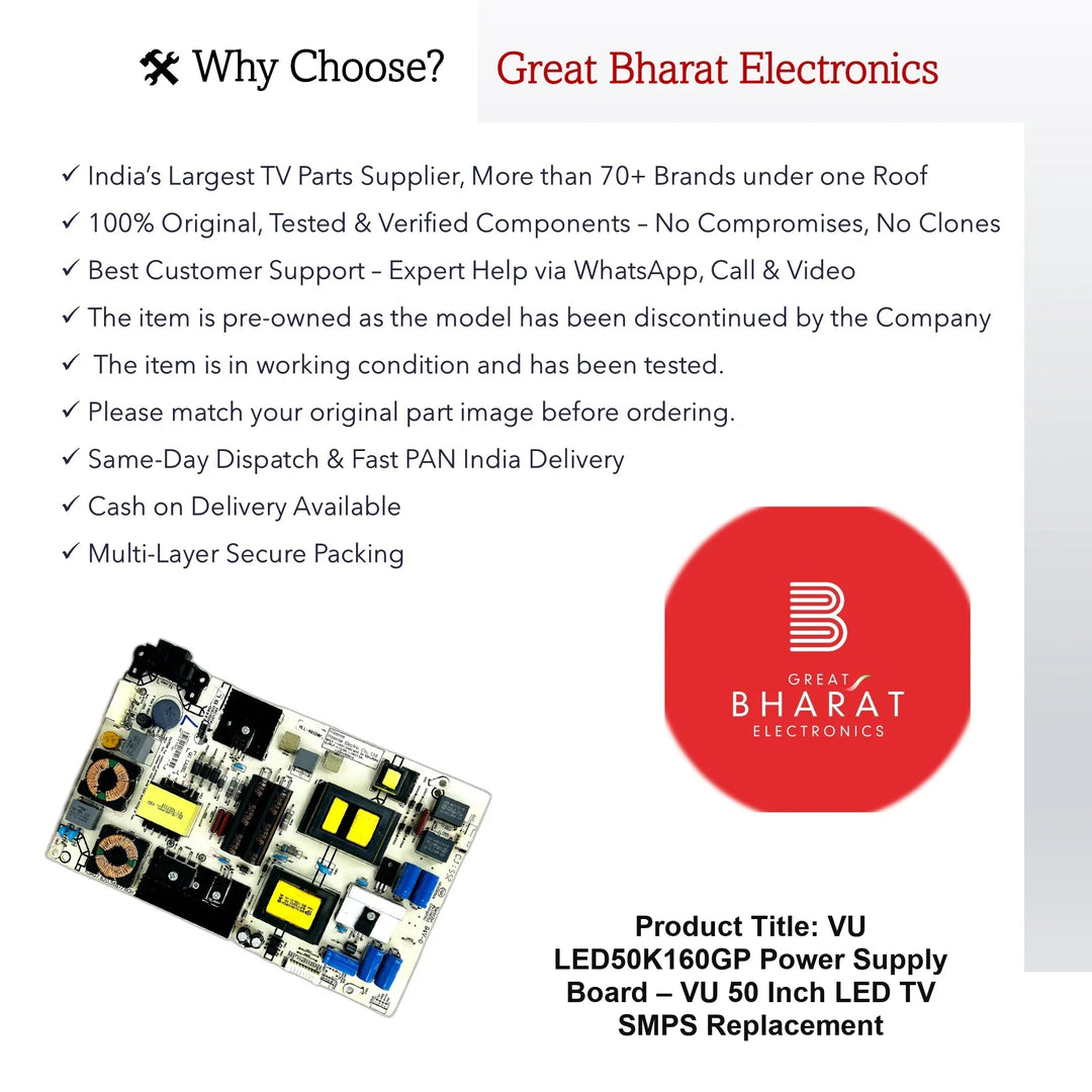 VU LED50K160GP Power Supply Board – VU 50 Inch LED TV SMPS Replacement - Great Bharat Electronics