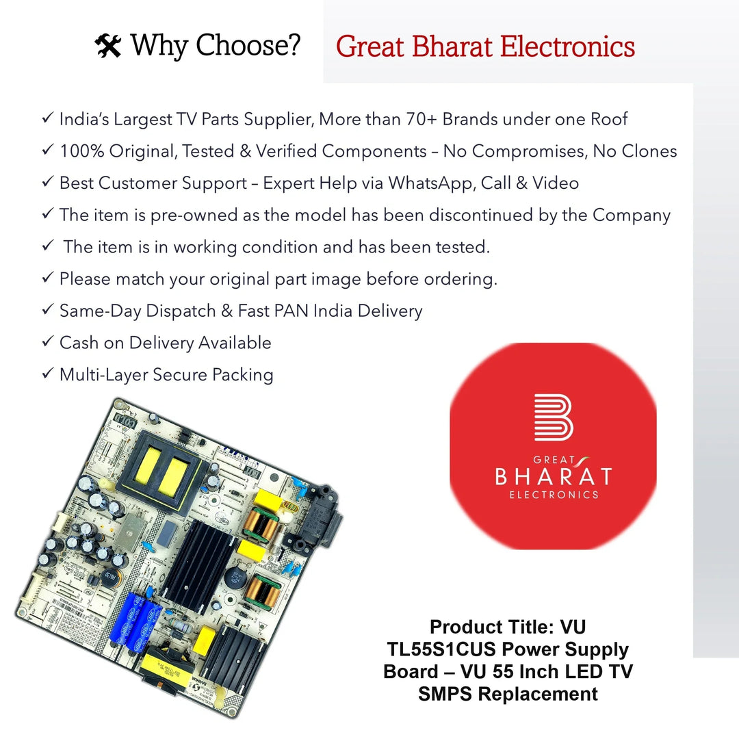 VU TL55S1CUS Power Supply Board – VU 55 Inch LED TV SMPS Replacement - Great Bharat Electronics