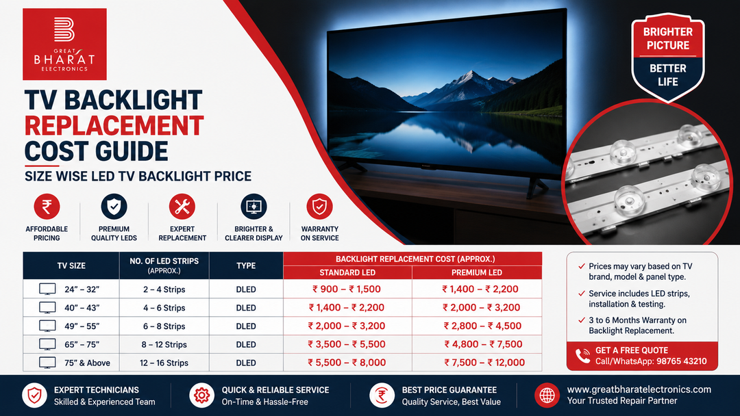 TV Backlight Replacement Cost Guide – Size Wise LED TV Backlight Price - Great Bharat Electronics