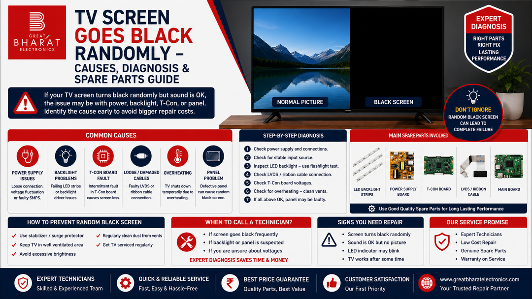 TV Screen Goes Black Randomly – Causes, Diagnosis & Spare Parts Guide - Great Bharat Electronics