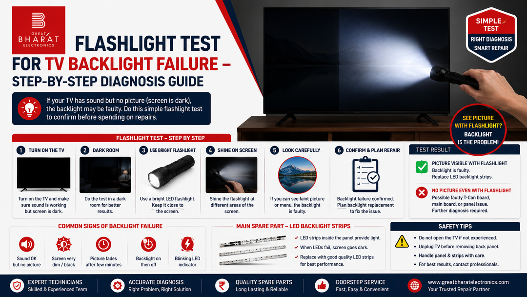 Flashlight Test for TV Backlight Failure – Step-by-Step Diagnosis Guide - Great Bharat Electronics