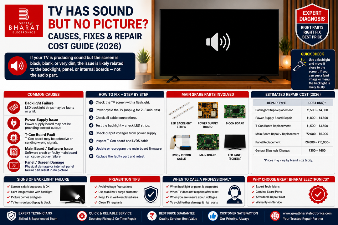 TV Has Sound But No Picture? Causes, Fixes & Repair Cost Guide (2026) - Great Bharat Electronics