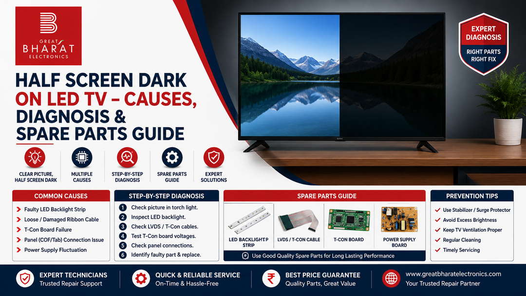 Half Screen Dark on LED TV – Causes, Diagnosis & Spare Parts Guide - Great Bharat Electronics