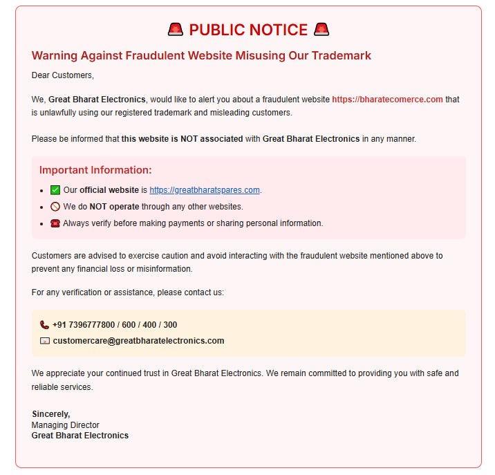 Warning Against Fraudulent Website https://bharatecomerce.com/ Misusing Our Trademark