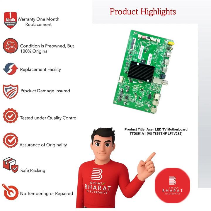 Acer LED TV motherboard TTD851A1 with quality assurance, 1-month warranty, and safe packing for Samsung, LG, Sony TVs