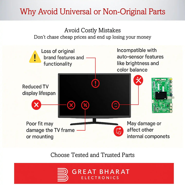 Avoid non-original TV parts: risk losing features, damaging components, and reducing display lifespan.