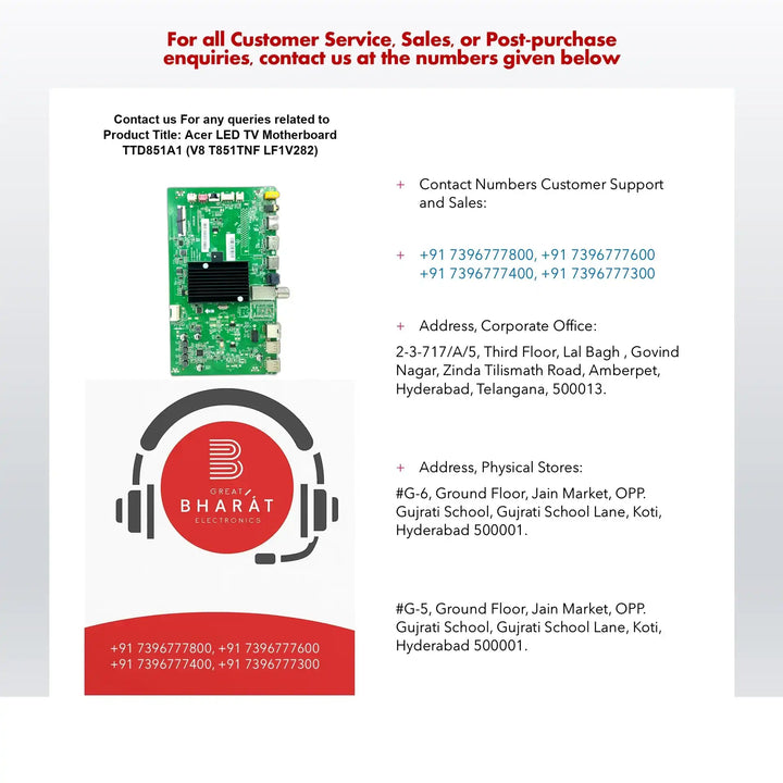 Acer LED TV Motherboard TTD851A1 with customer support contact details and Great Bharat Electronics logo